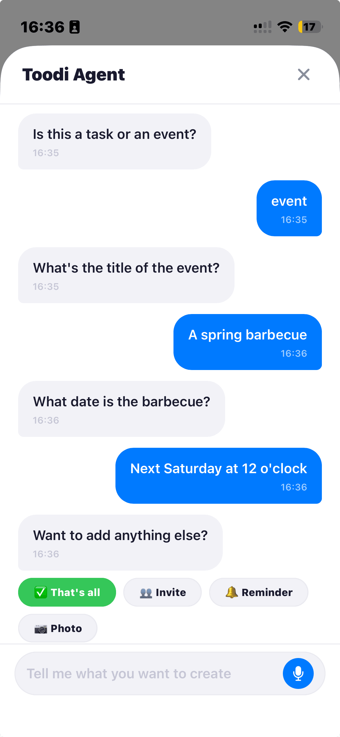Toodi AI Agent — Conversational task creation